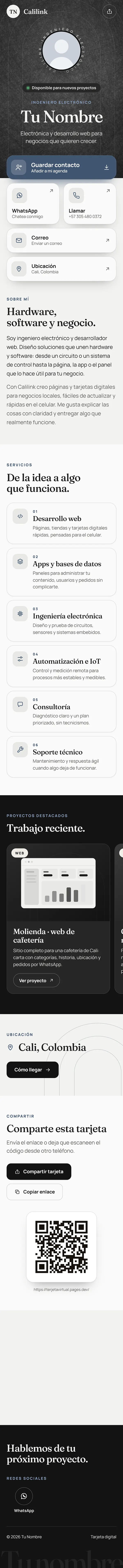 Tarjeta digital de ejemplo: foto, botón Guardar contacto, WhatsApp, llamada, correo, servicios, proyectos y código QR para compartir
